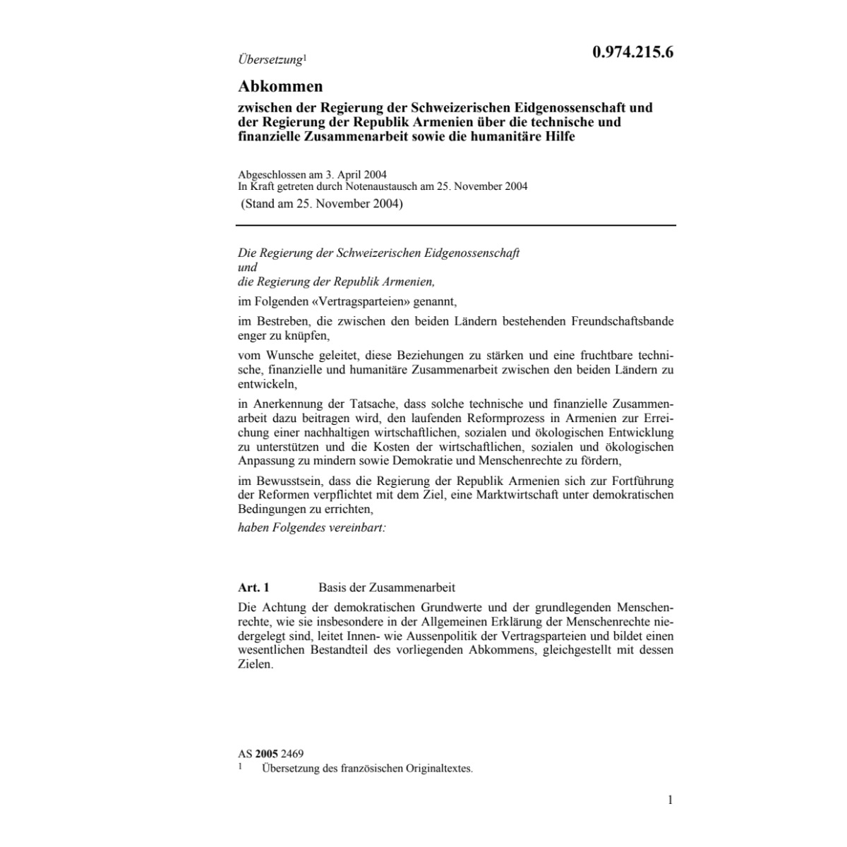 Abk.CH-Armenien Zusammenarbeit Hilfe