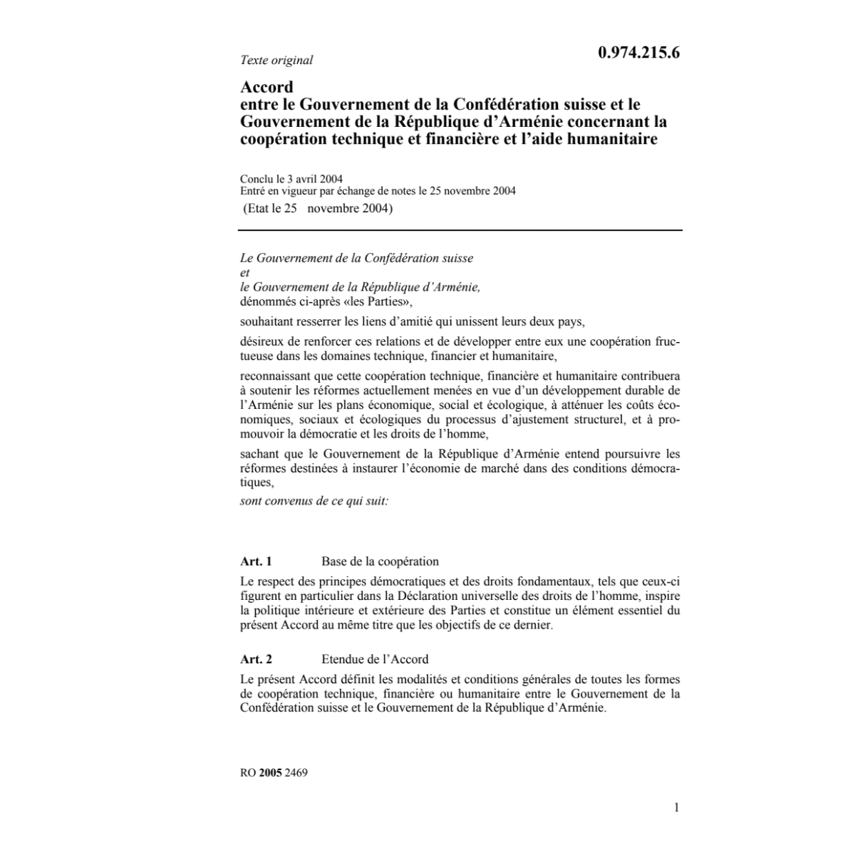 Acc.CH-Arménie coopération technique