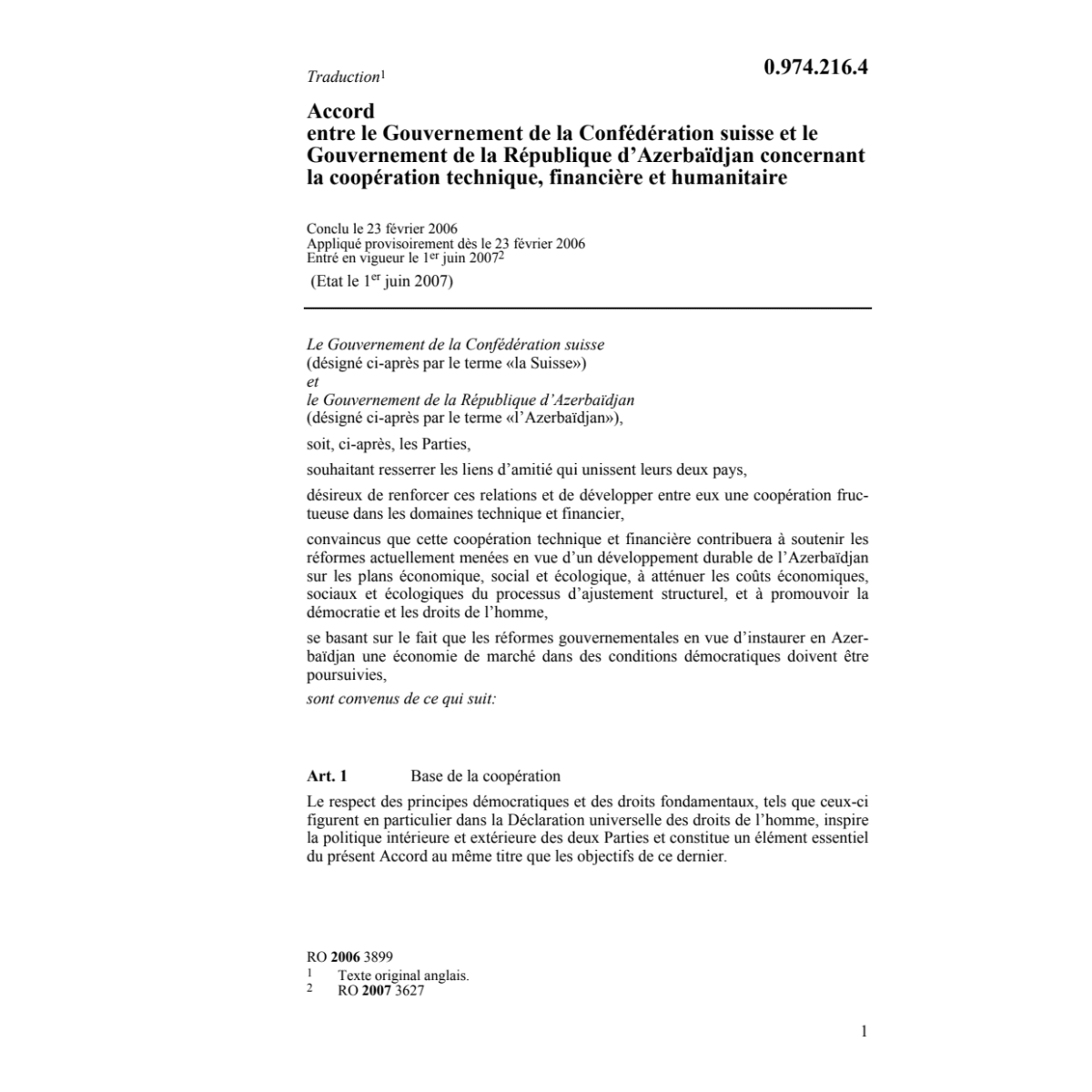 Acc. suisse-Azerbaïdjan coopér. humanit.