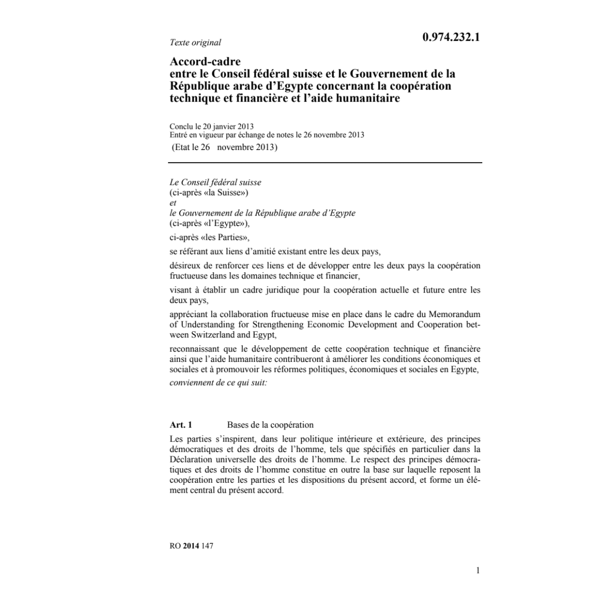 Acc.-cadre CH-Egypte aide humanitaire