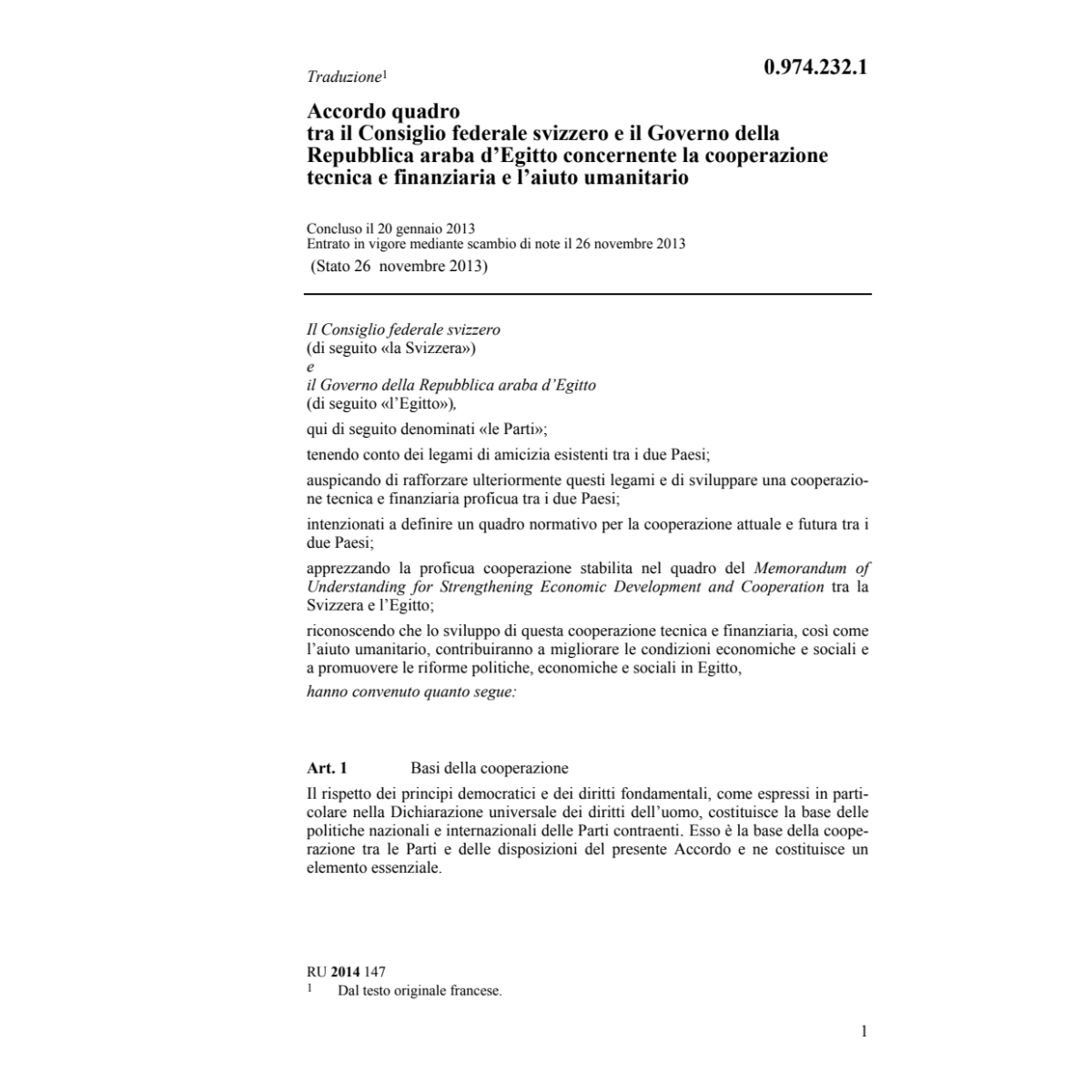 Acc.quadro CH-Egitto aiuto umanitario