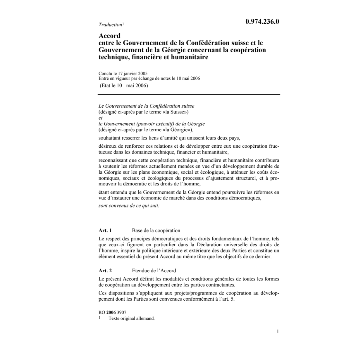 Acc. suisse-Géorgie coopér.humanitaire