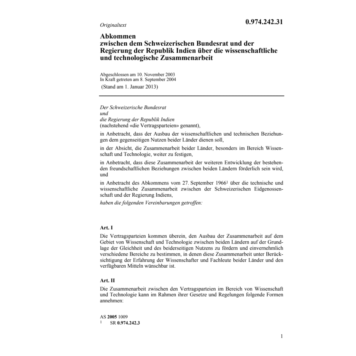 Abk.CH-Indien techn. Zusammenarbeit