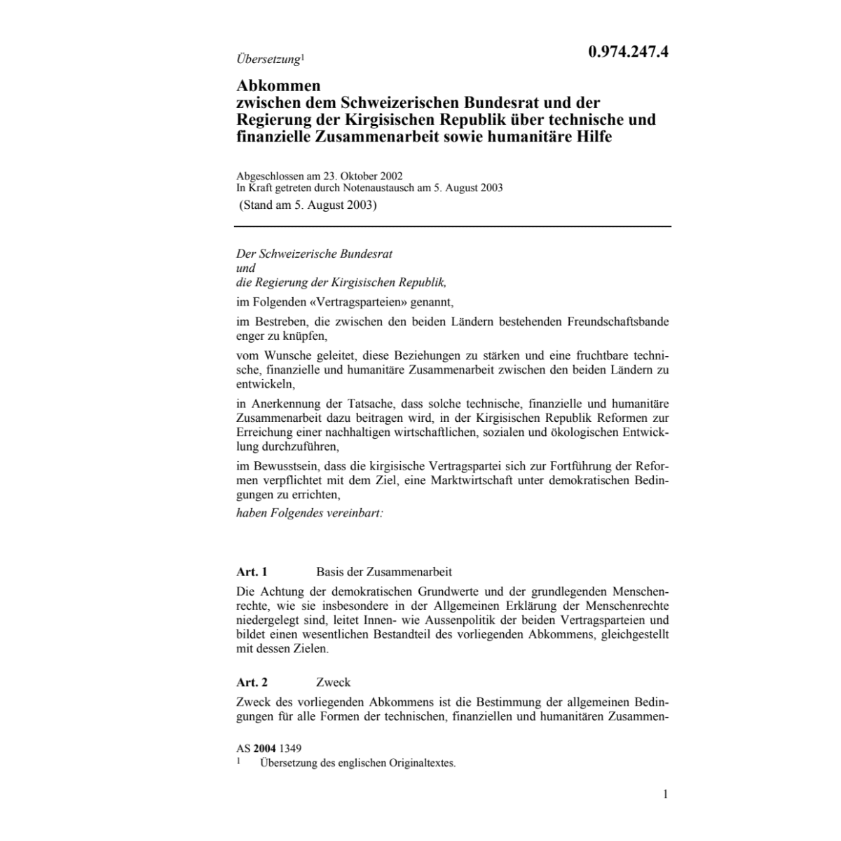 Abk. CH-Kirgisien Humanitäre Hilfe
