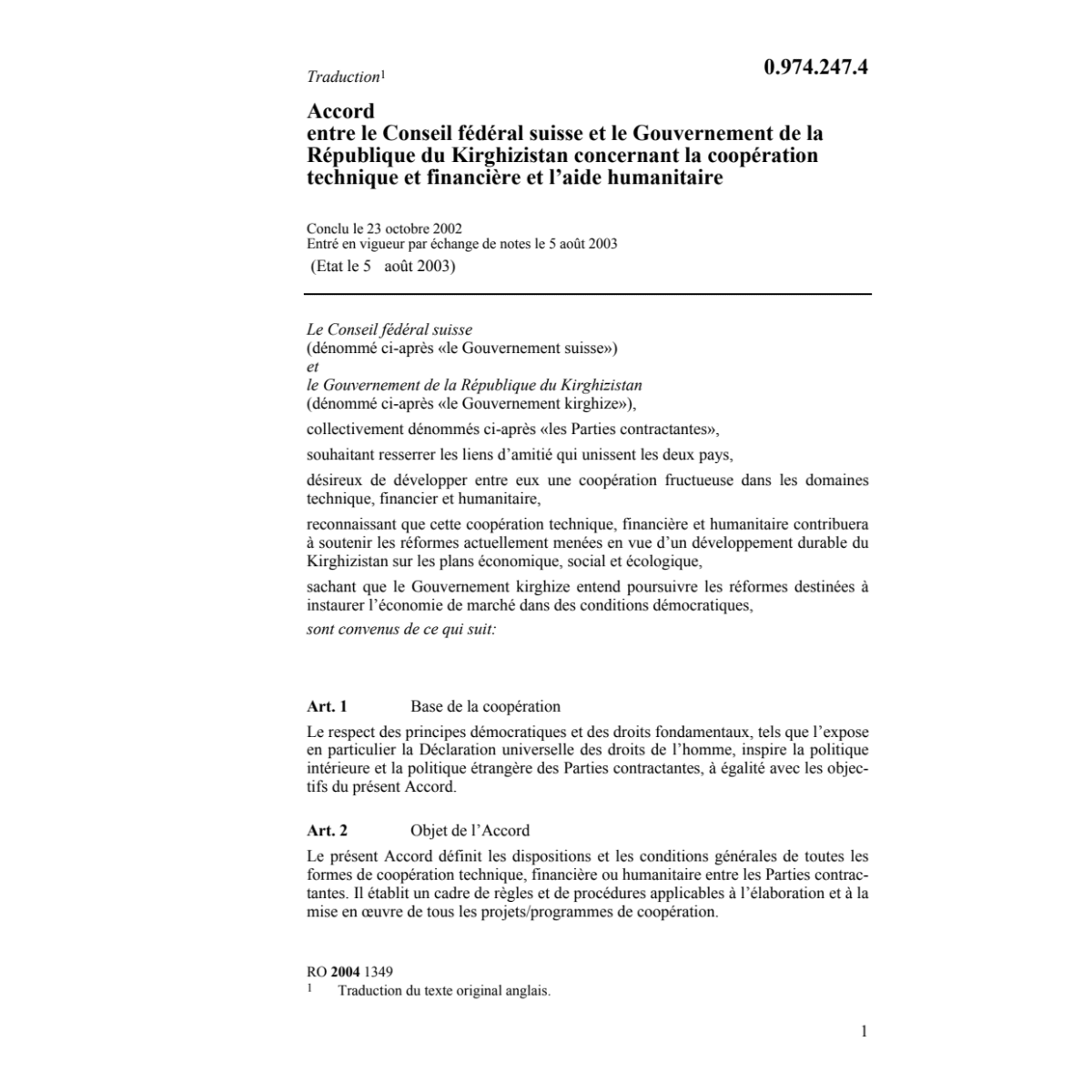 Acc. CH-Kirghizistan aide humanitaire