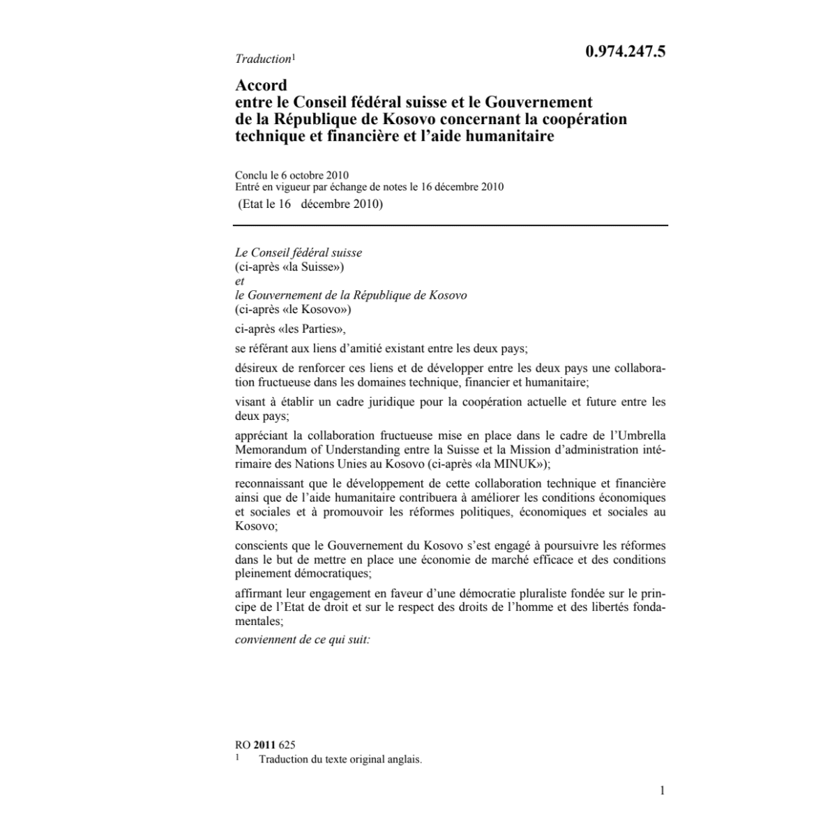 Acc. CH-Rép. Kosovo aide humanitaire
