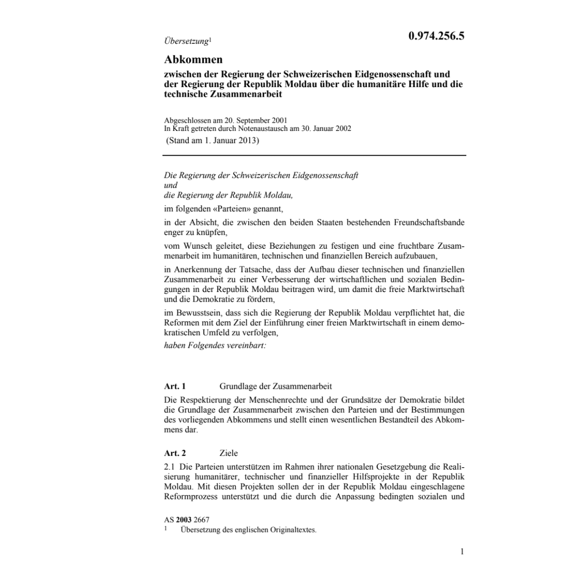 Abk. CH-Moldau technische Zusammenarbeit