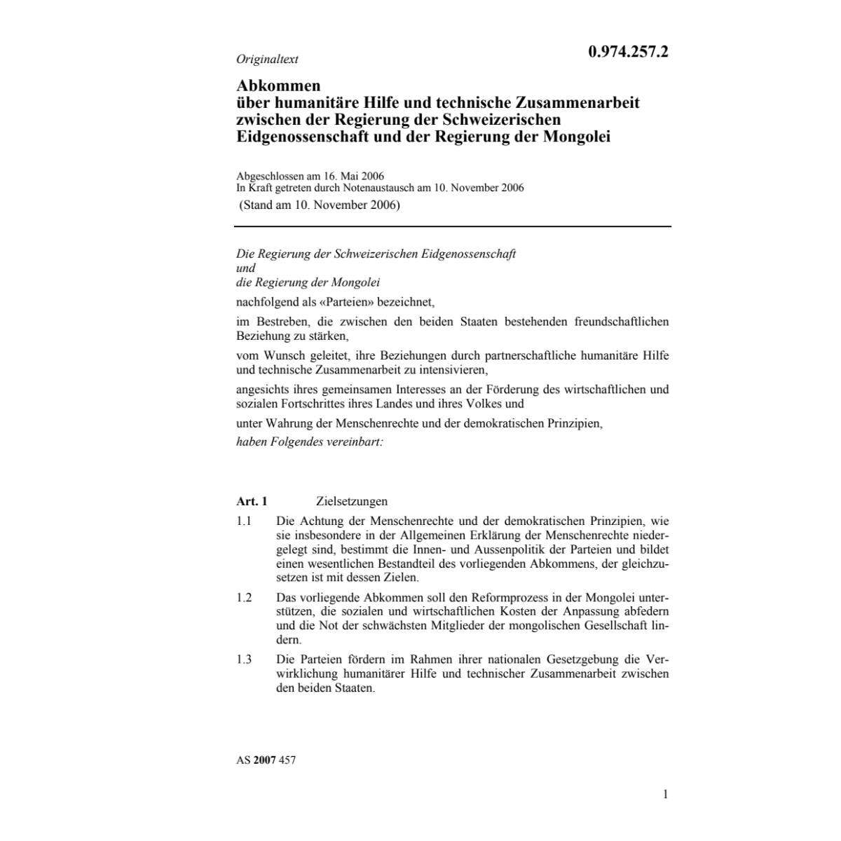 Abk. CH-Mongolei humanitäre Hilfe