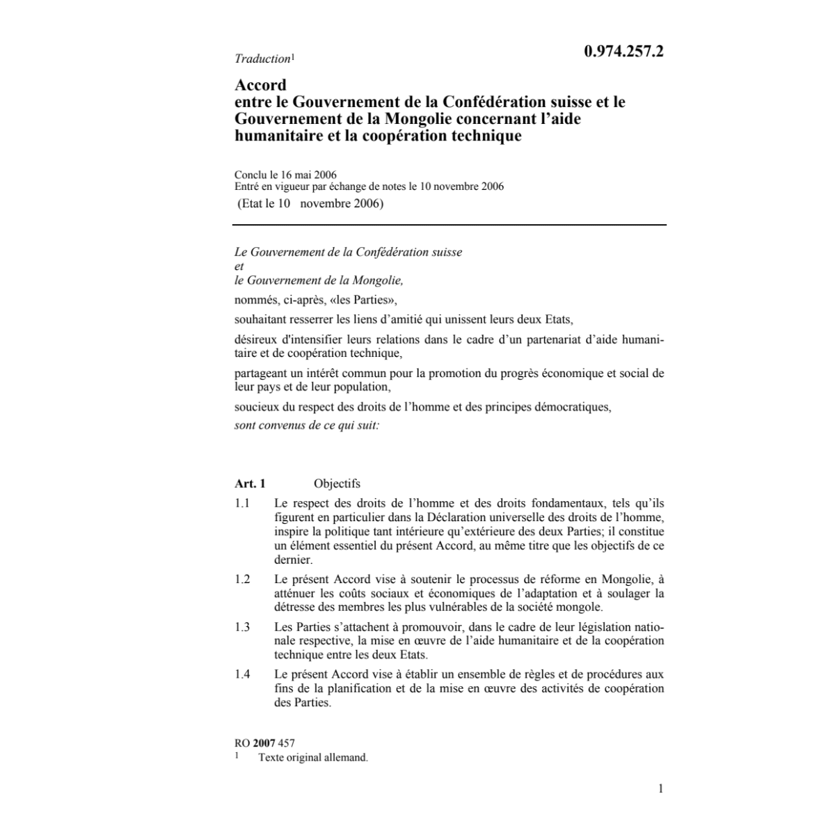 Acc. CH-Mongolie l'aide humanitaire