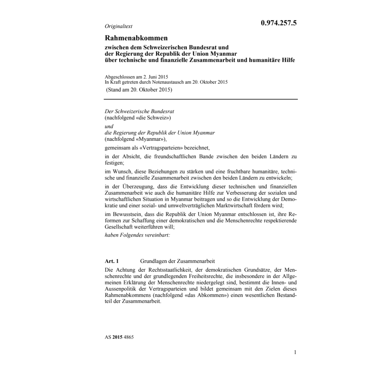 Rahmenübereink. CH-Myanmar humanit.Hilfe