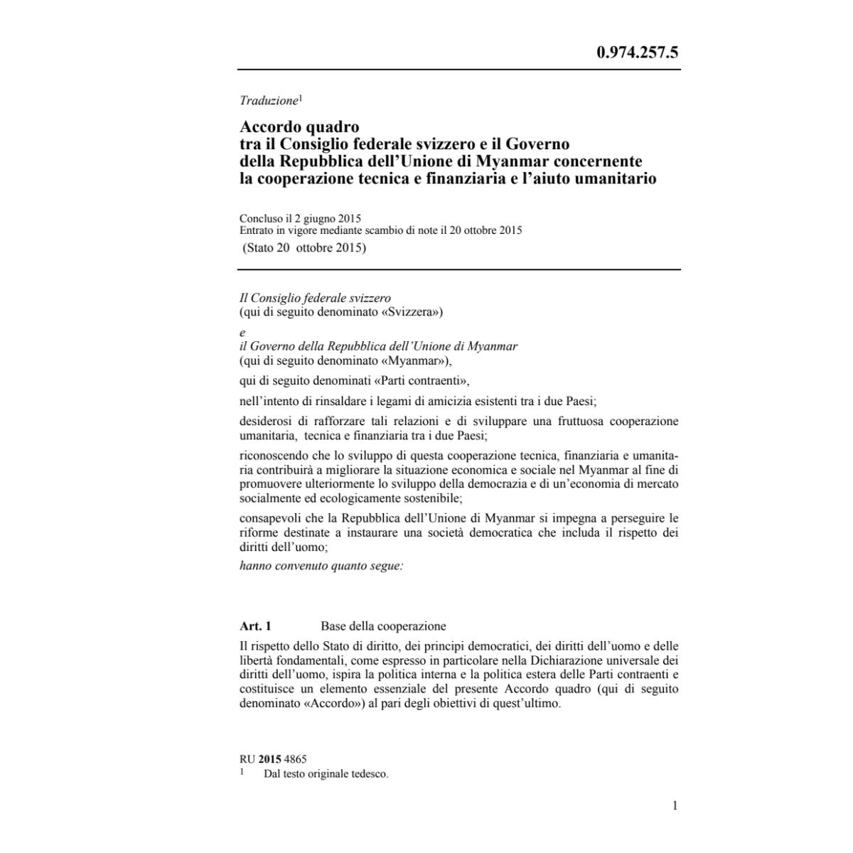 Acc. quadro CH-Myanmar aiuto umanitario