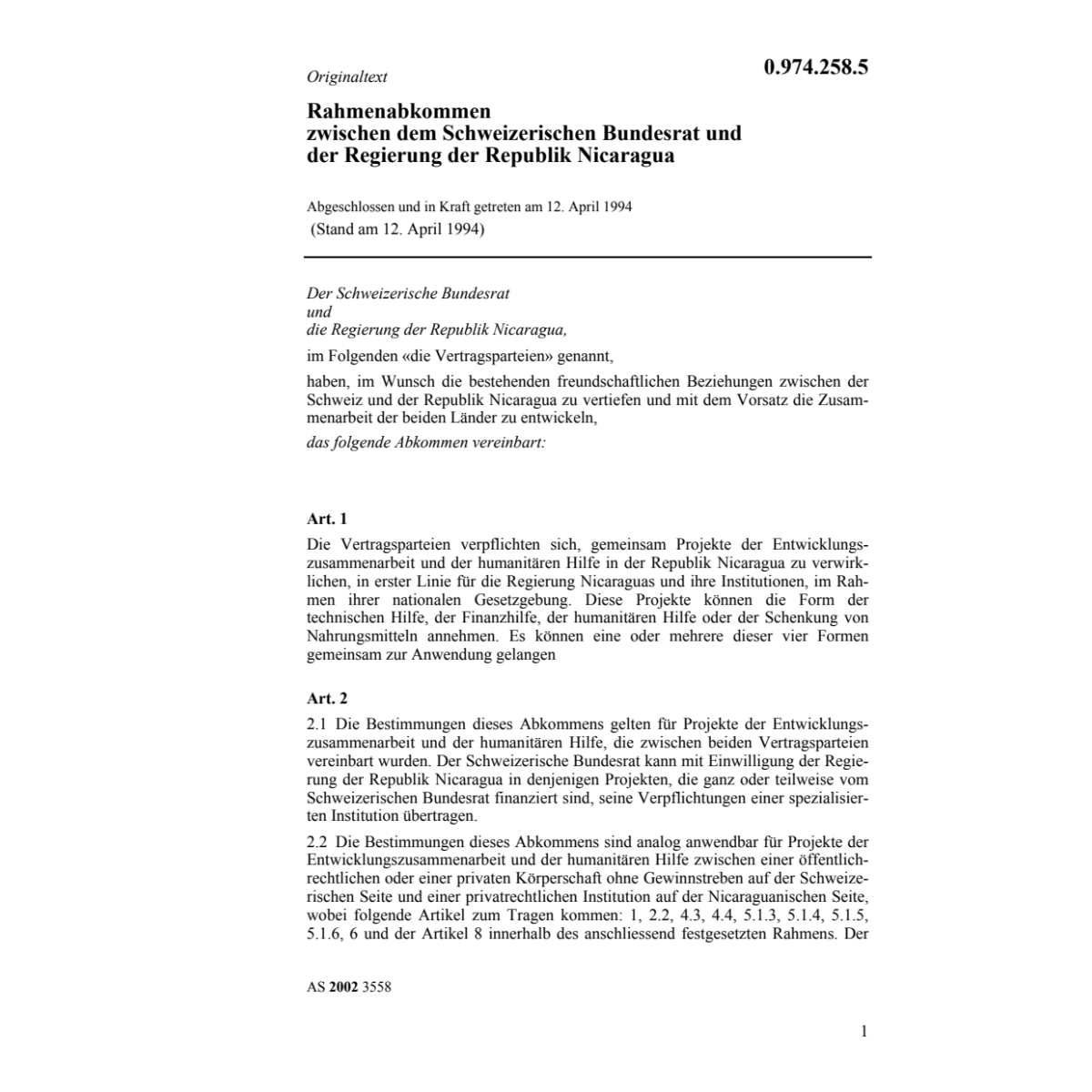 Rahmenübereink. CH-Nicaragua