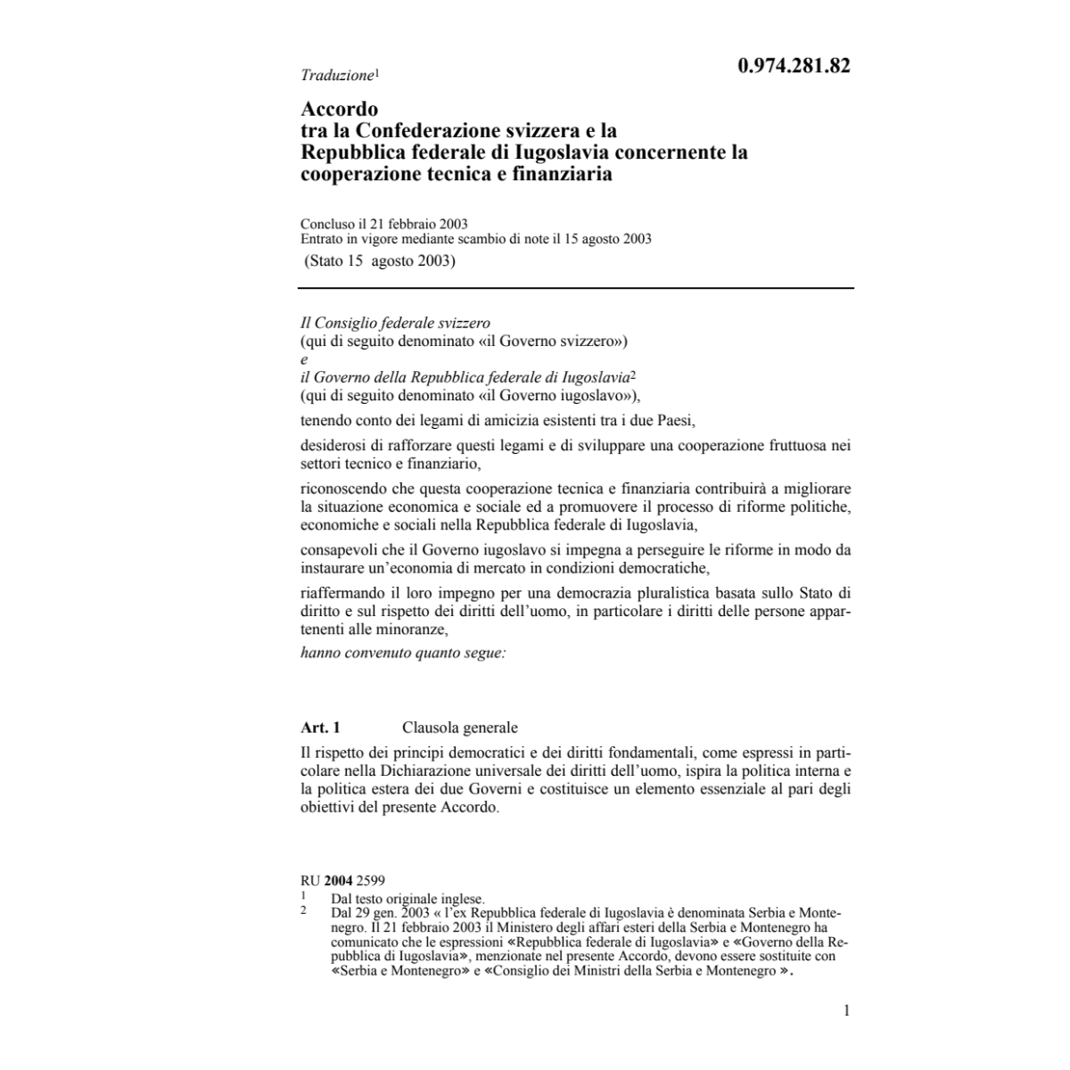 Acc.CH-Y cooperazione tecnica finanz.