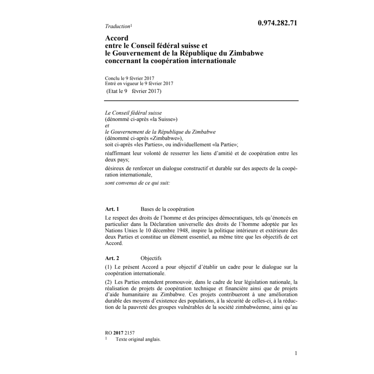 Acc. CH-ZWE conc. coopération internat.