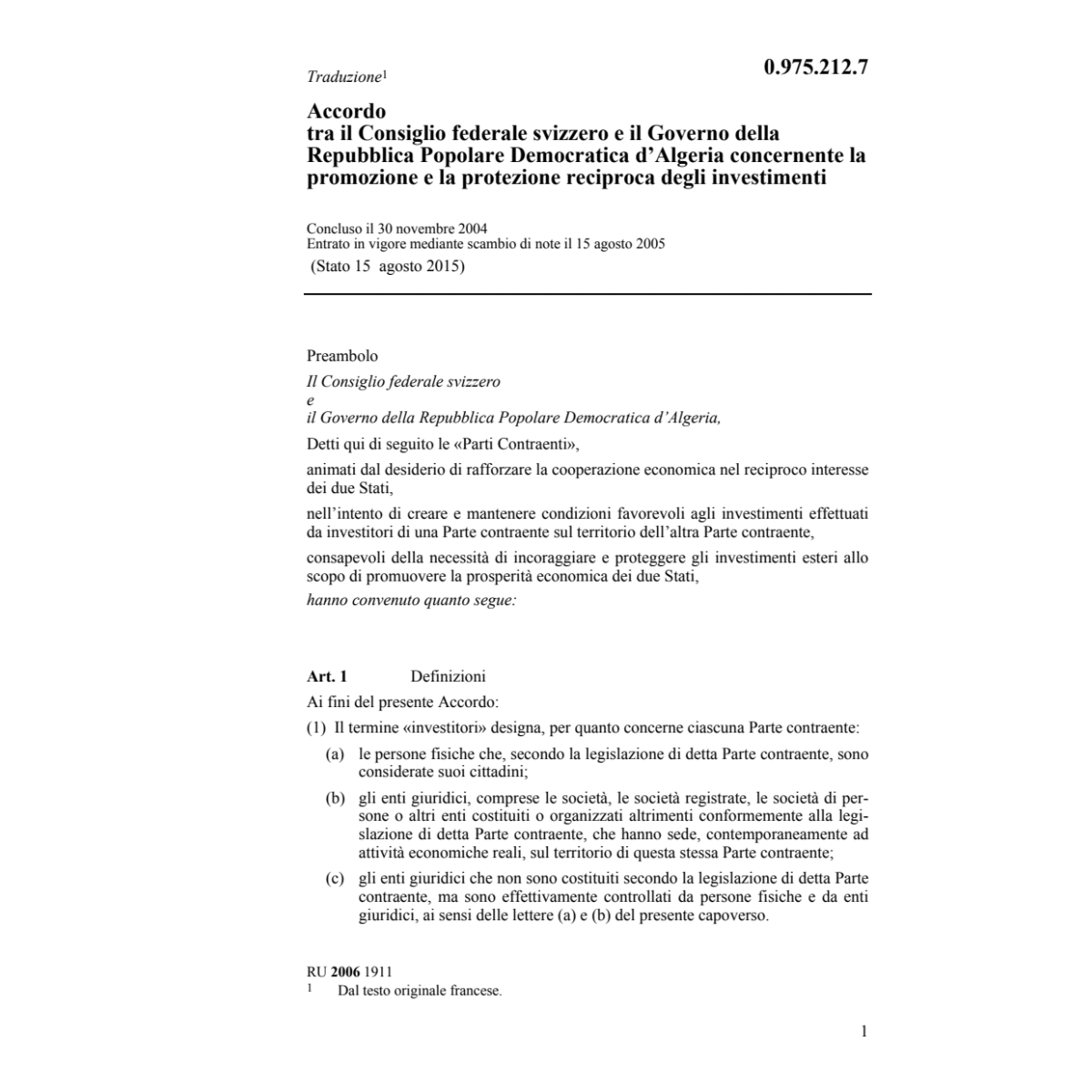 Acc.CH-Algeria protezione investimenti