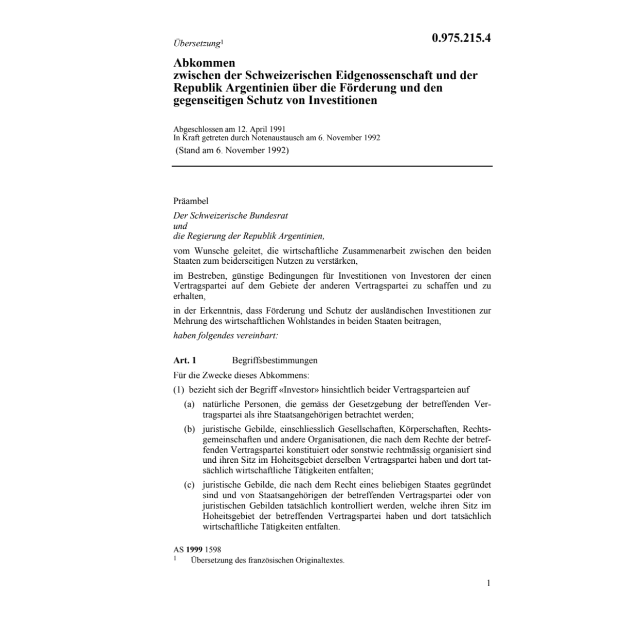 Abk. Schutz Investitionen Argentinien