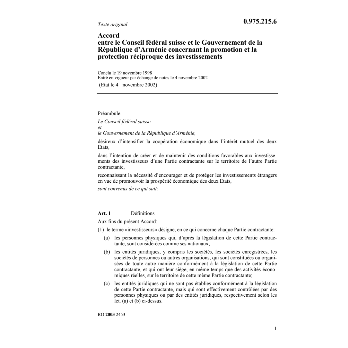 Acc. CH-Arménie protection réciproque