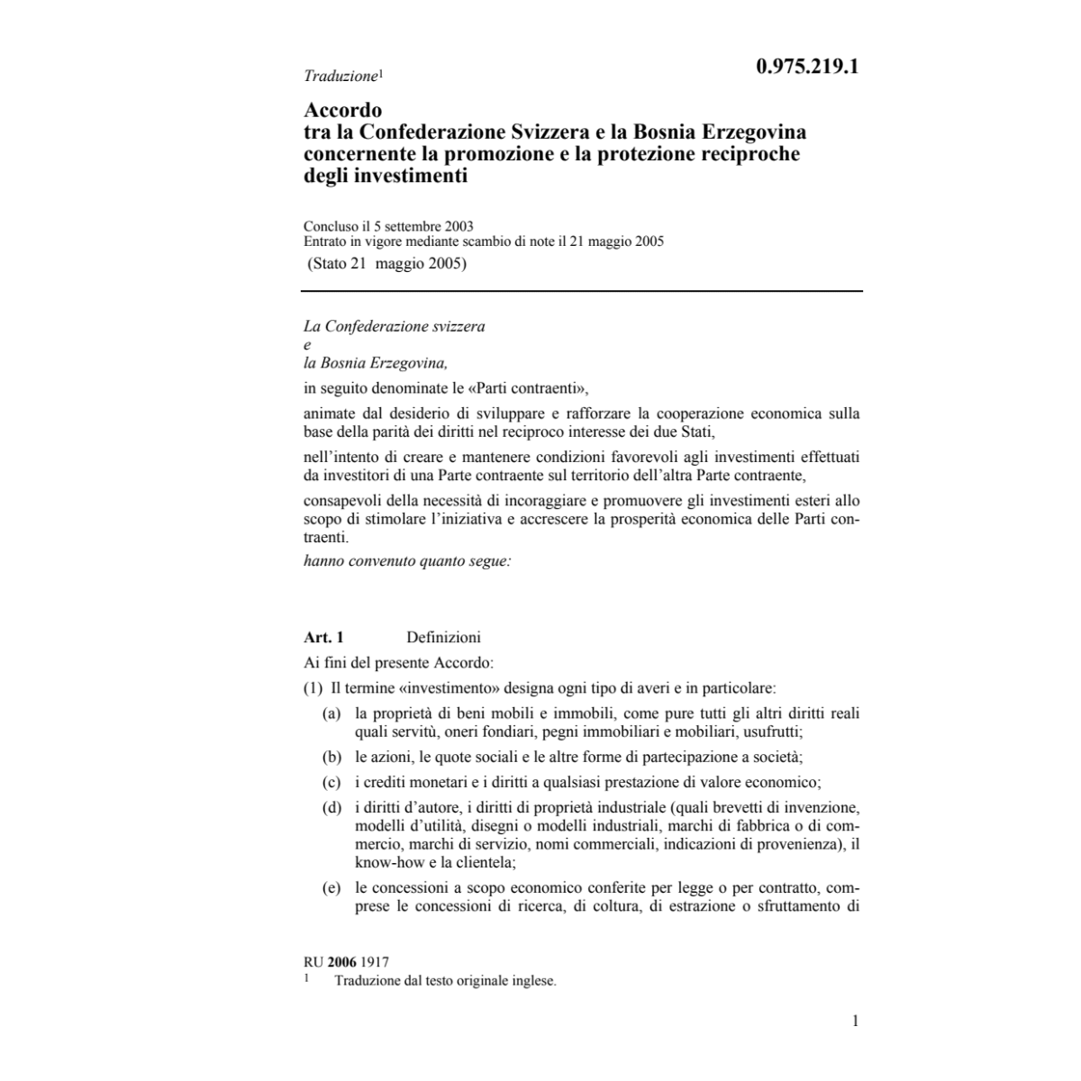 Acc. CH-Bosnia protezione investimenti