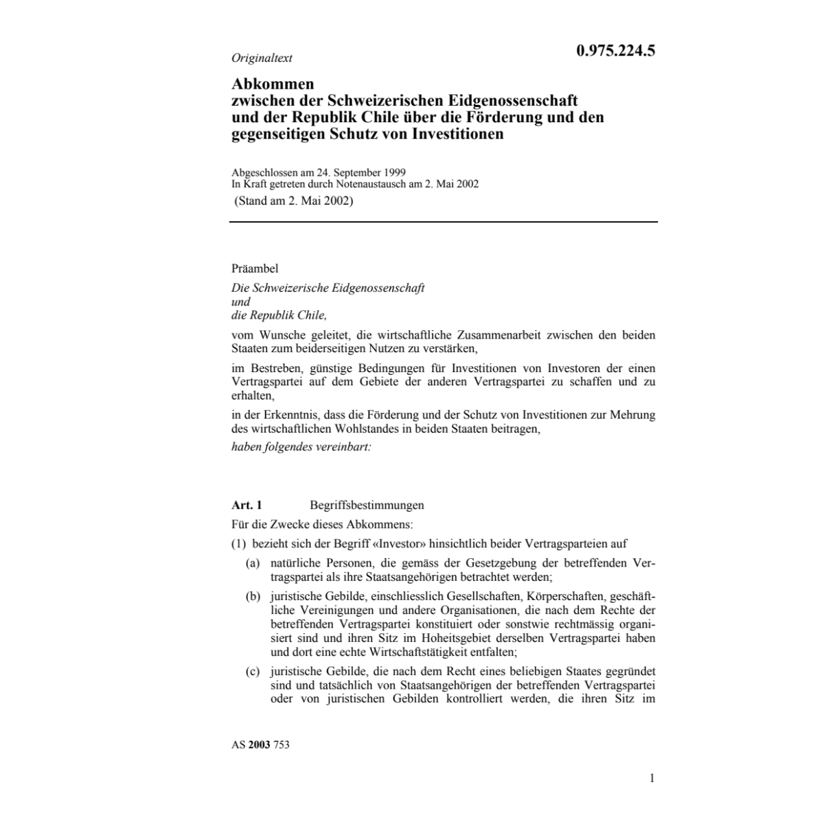 Abk. CH-Chile Schutz Investitionen