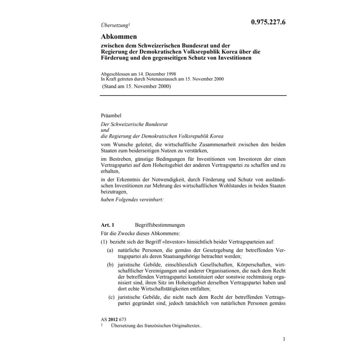 Abk. CH-Korea Schutz Investitionen