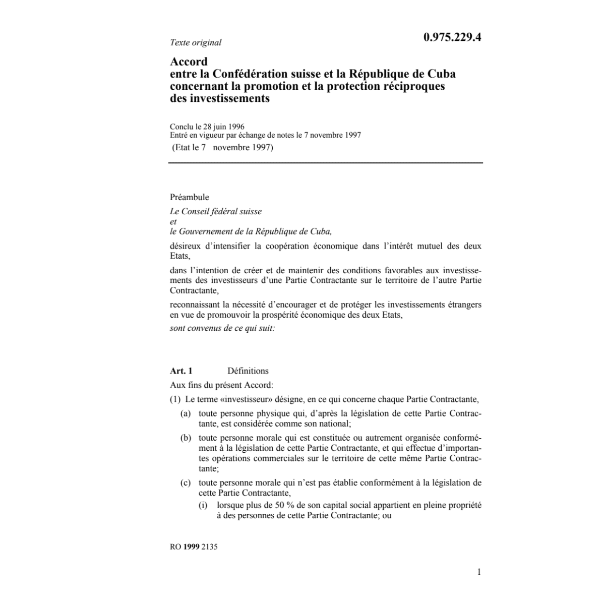Accord Suisse-Cuba investissements