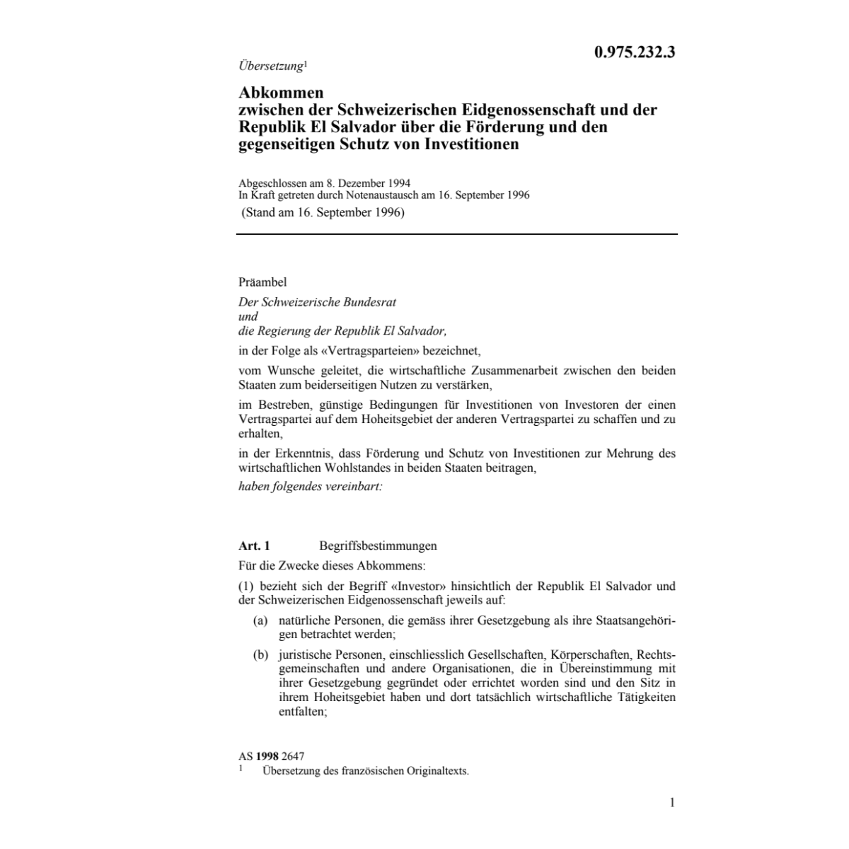 Abk Schweiz-El Salvador Investitonen