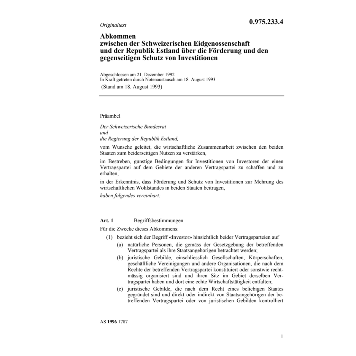 Abk. Schweiz - Estland Invenstitionen