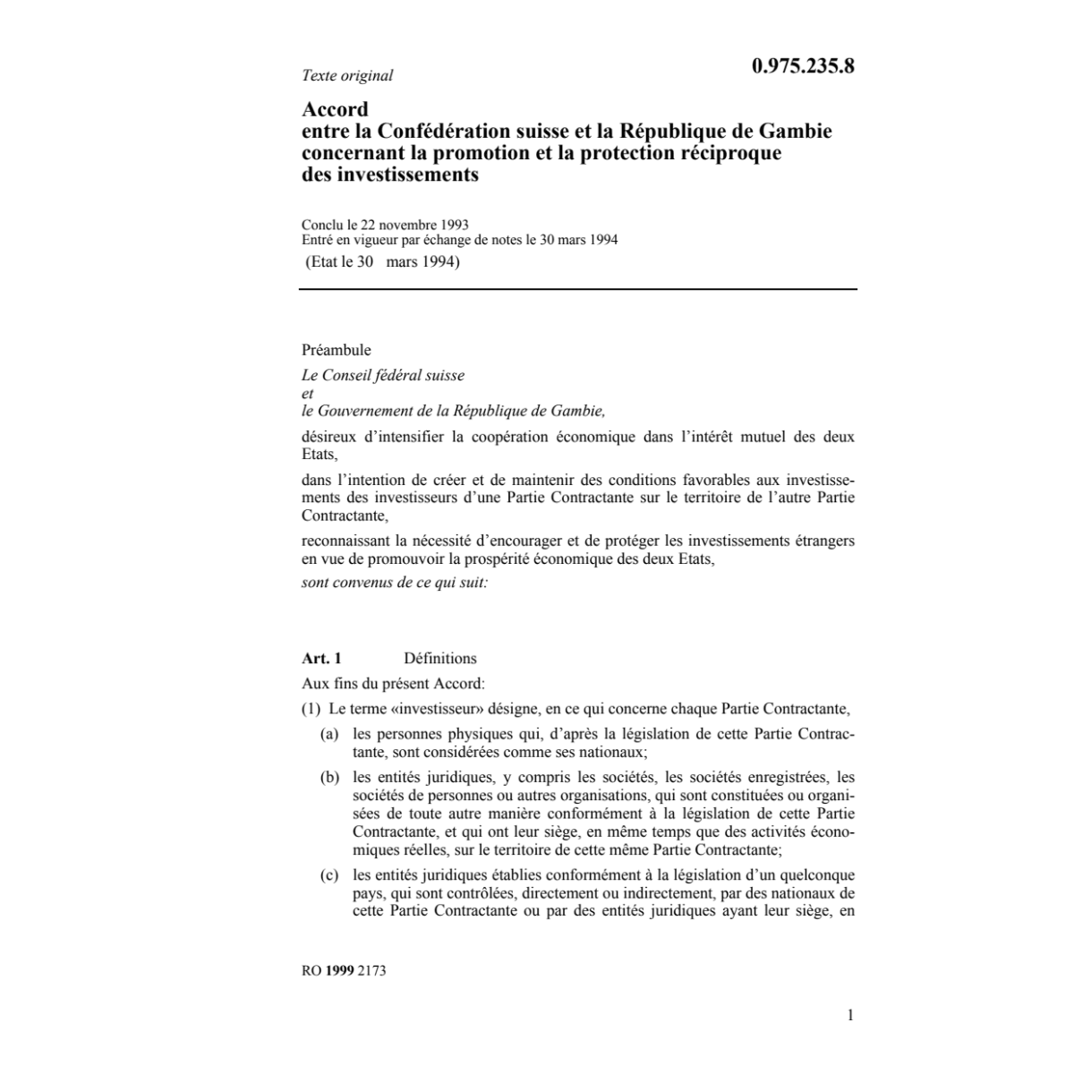 Ac réciproque des investissements Gambie