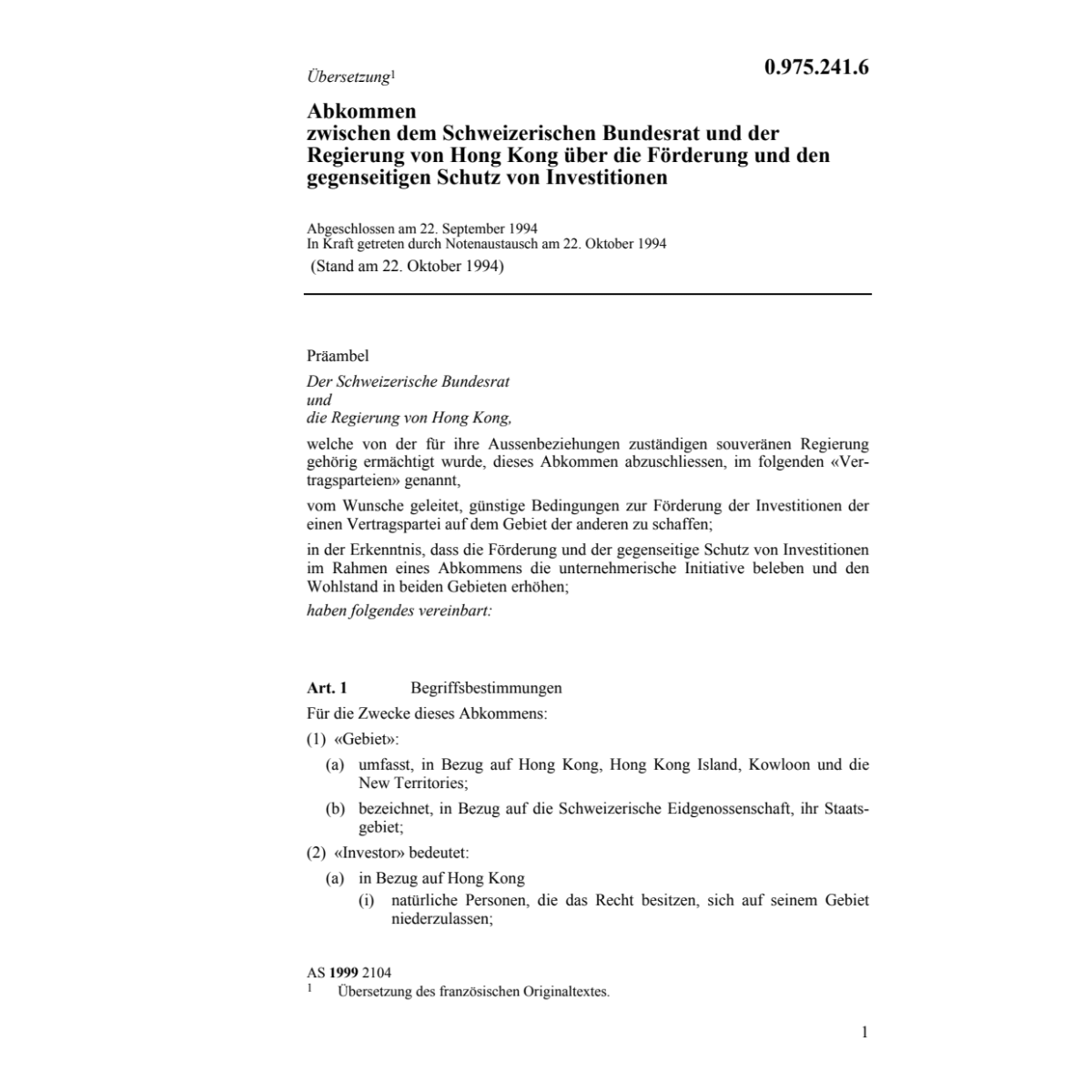 Abk Hong Kong Förderung Investitionen