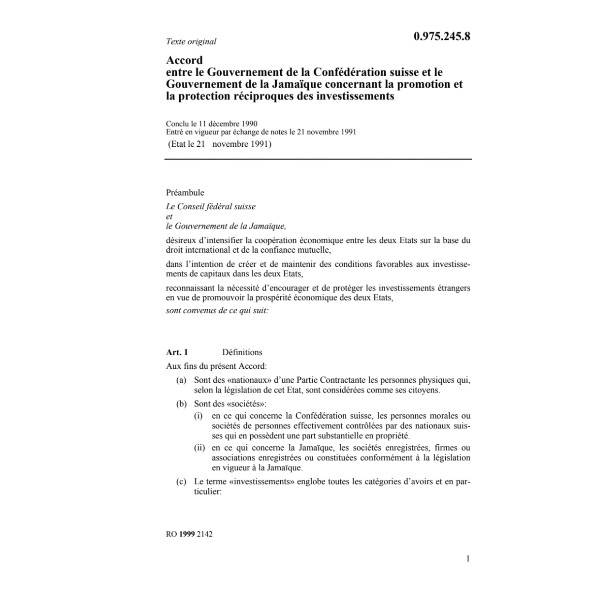 Accord Suisse-Jamaique investissements