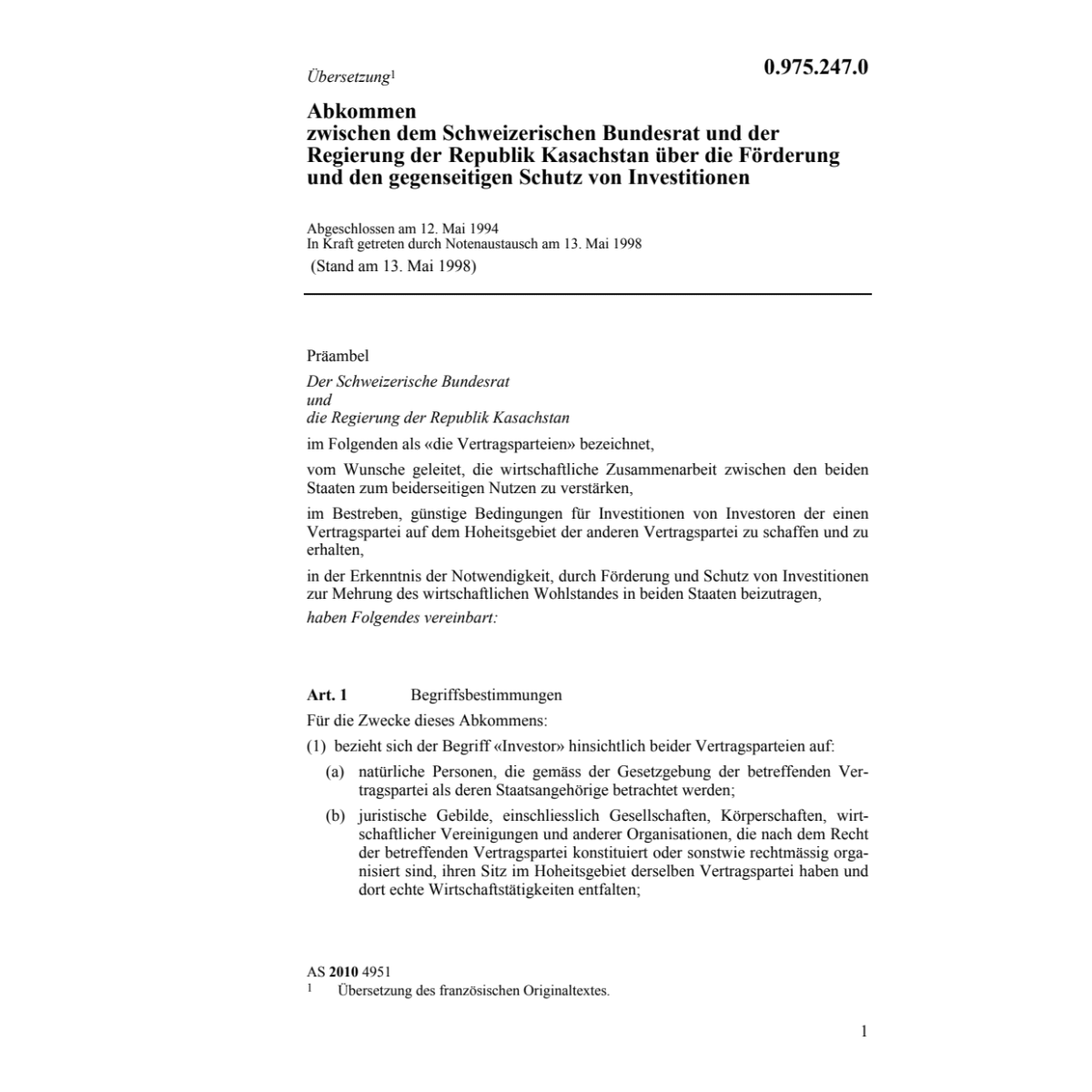 Abk. CH-Kasachstan Schutz Investitionen