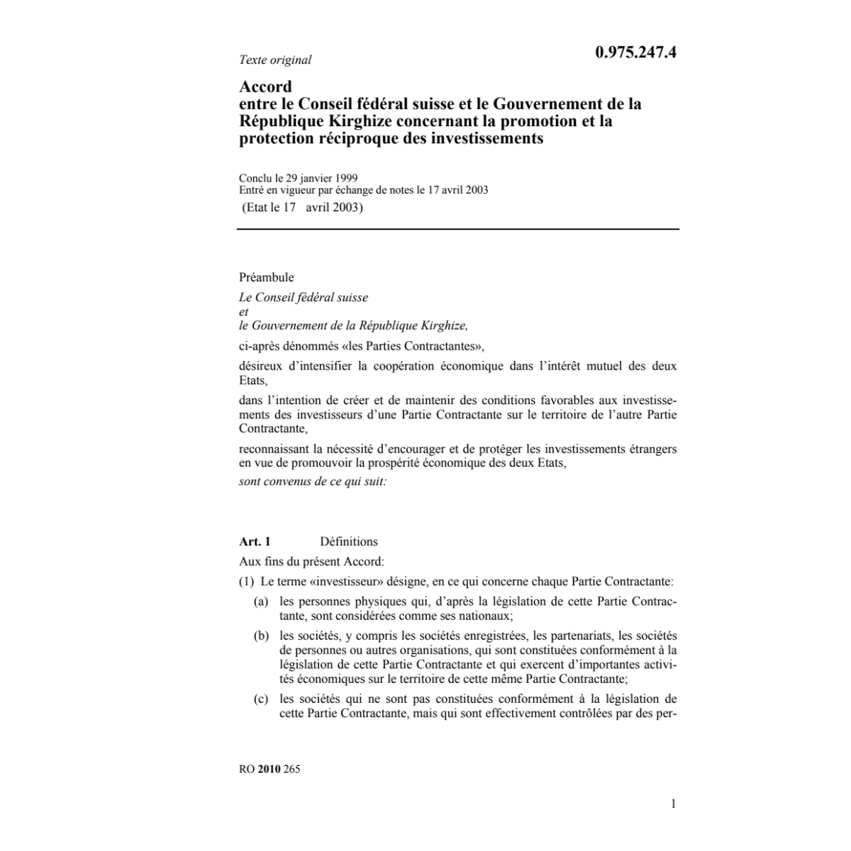 Acc. CH-Rép. Kirghize prot. réciproque