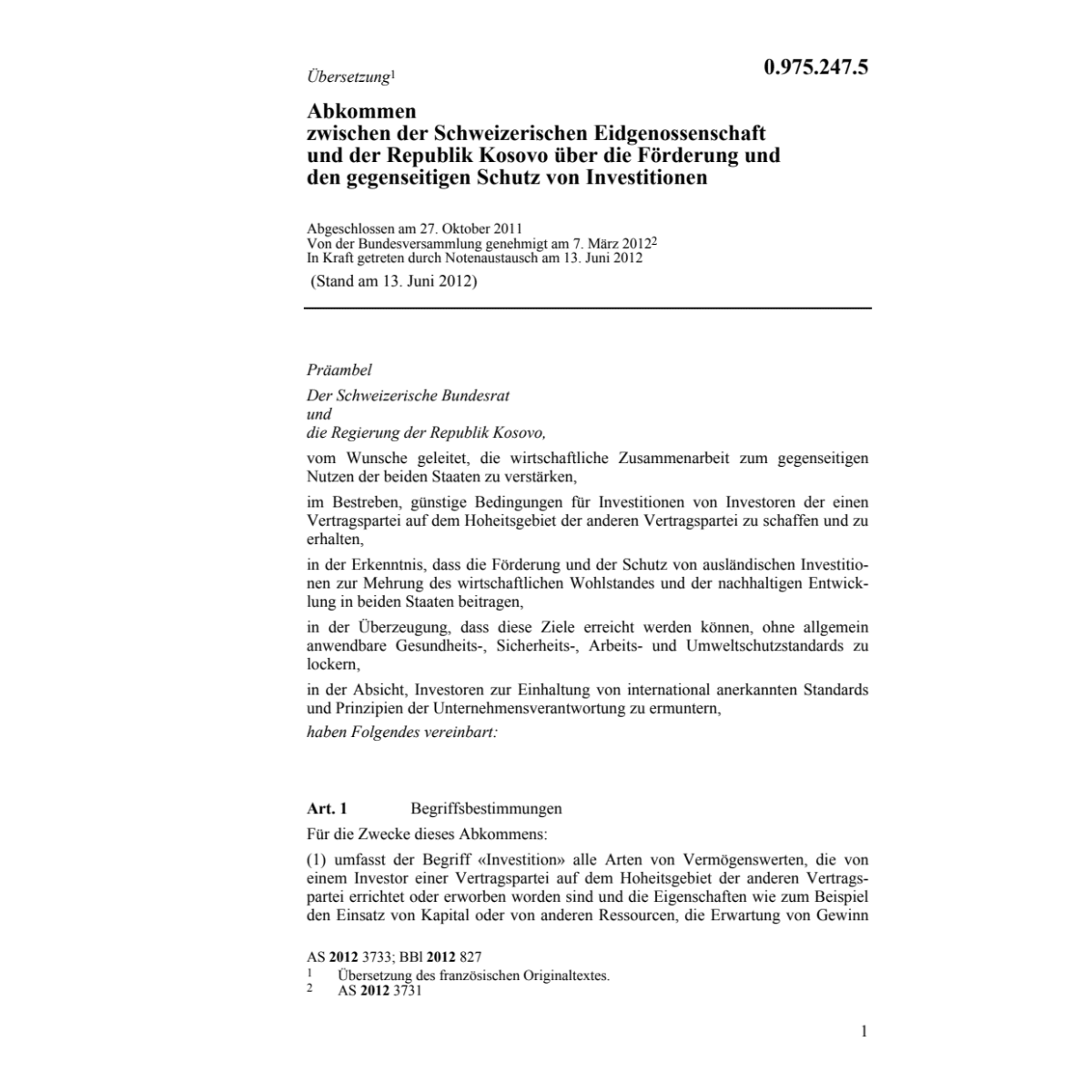 Abk. CH-Kosovo Schutz Investionen