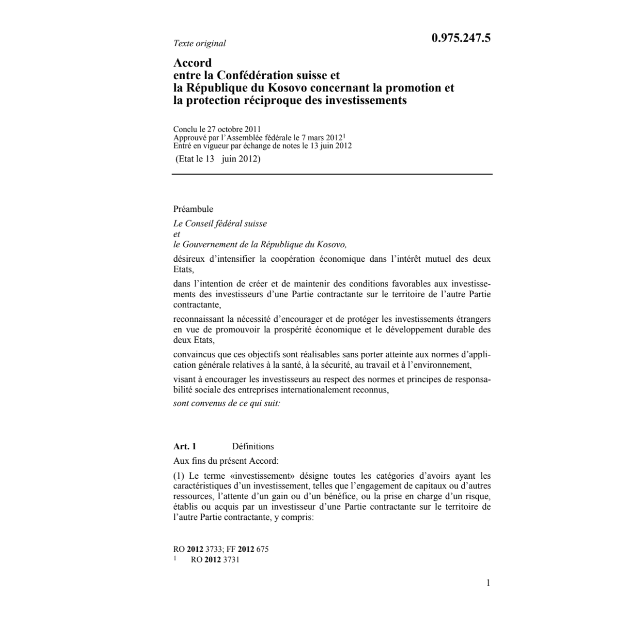 Acc. CH-Kosovo prot. investissements