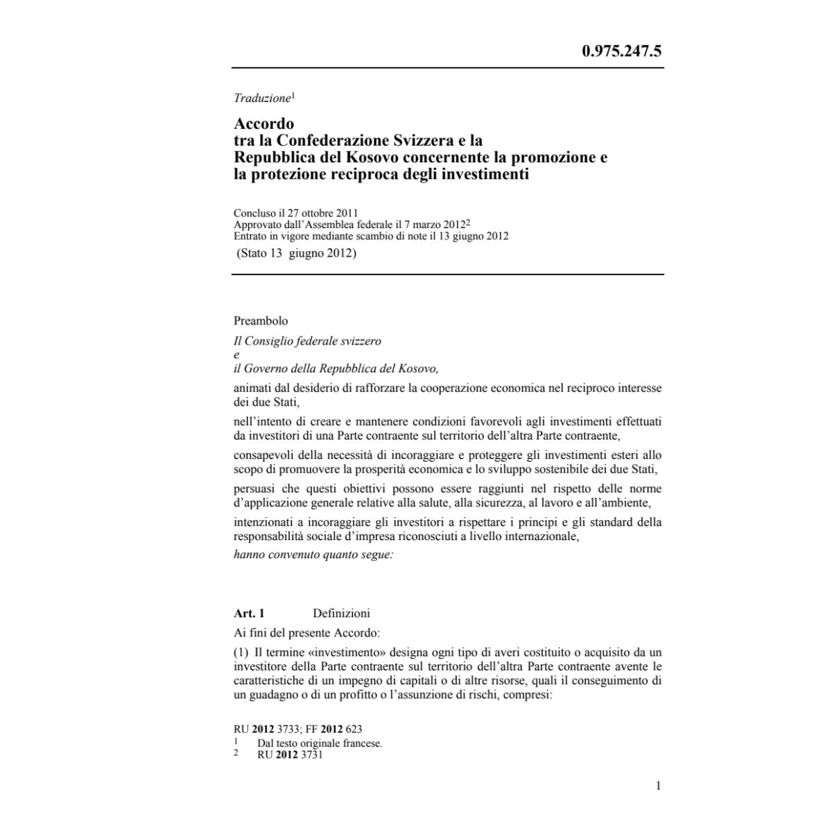 Acc. CH-Kosovo prot. investimenti