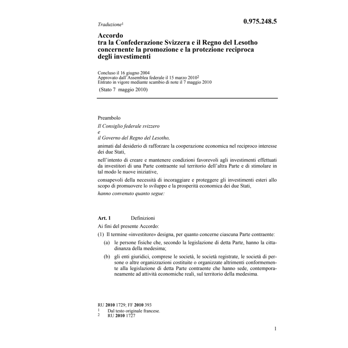 Acc. CH-Lesotho reciproca investimenti