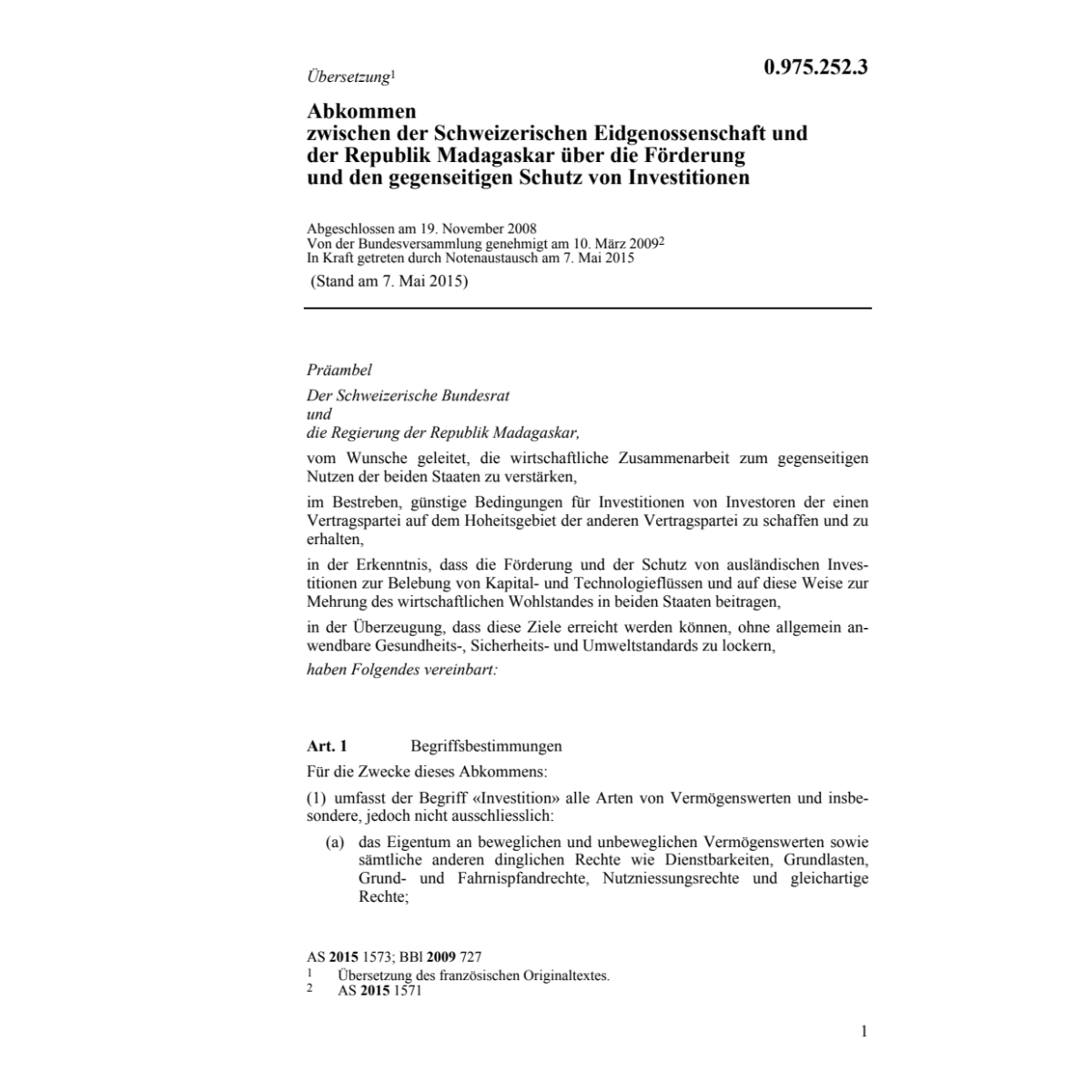 Abk. CH-Madagaskar Schutz Investitionen
