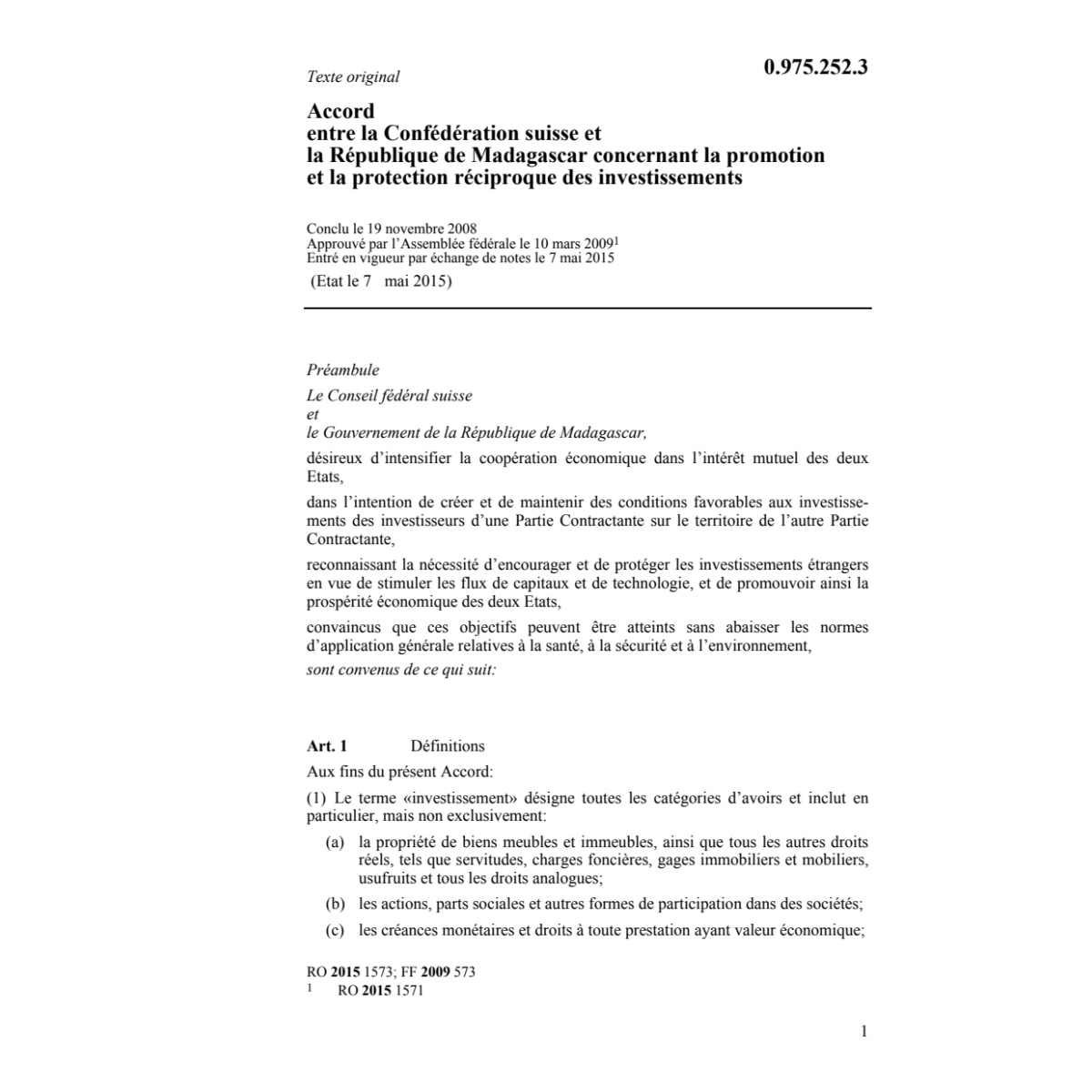 Ac. CH-Madagascar prot. investissements