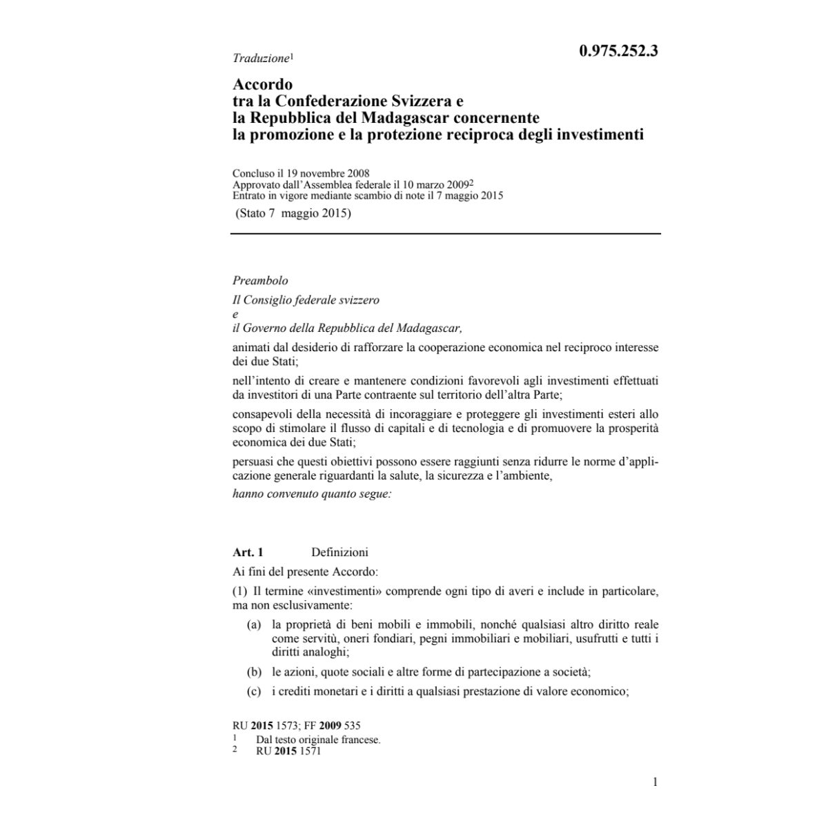 Ac. CH-Madagascar prot. investimenti