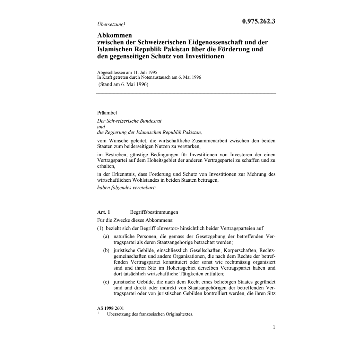 Abk. Pakistan Schutz von Investitionen