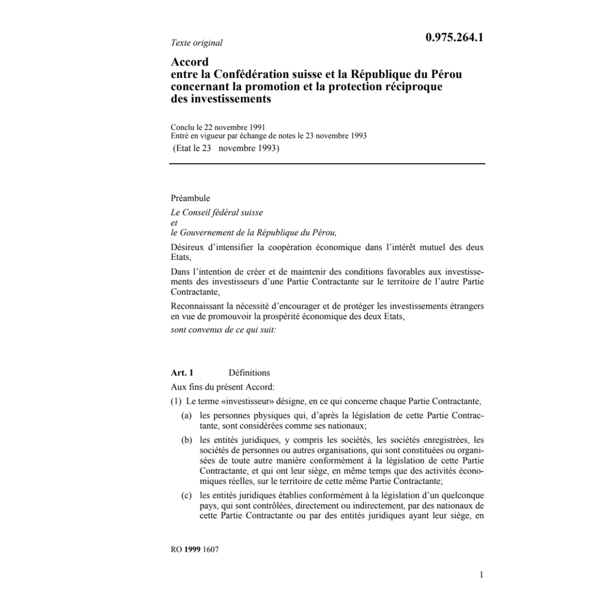 Accord Pérou protection investissement