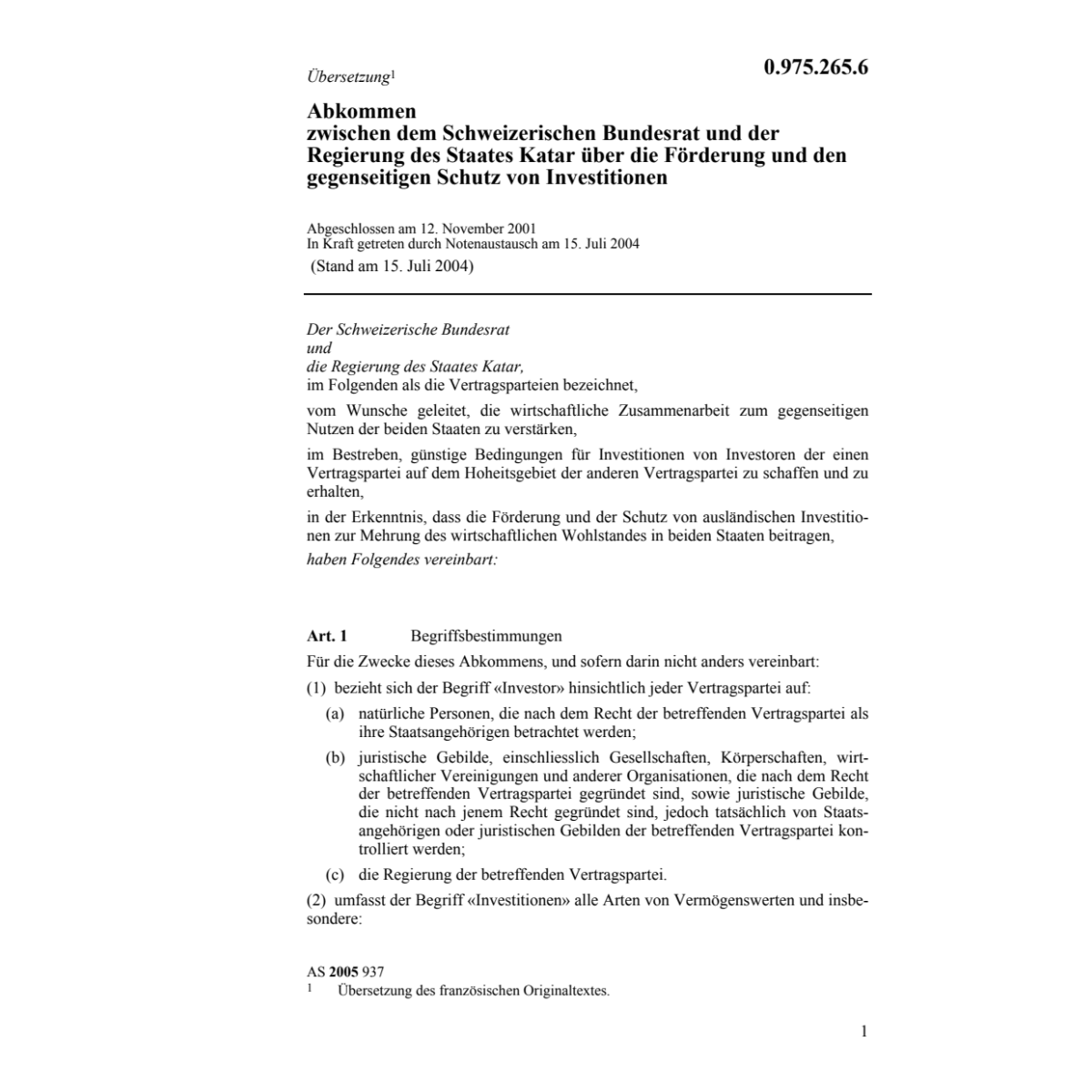 Abk. CH-Katar Schutz Investitionen