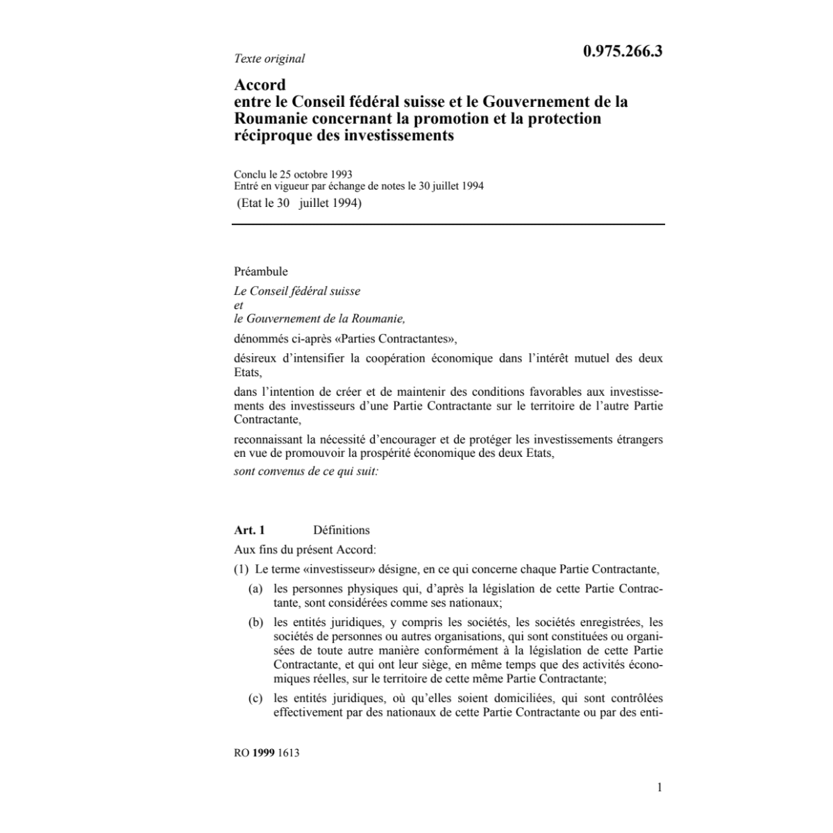 Acc. Roumanie protection investissements