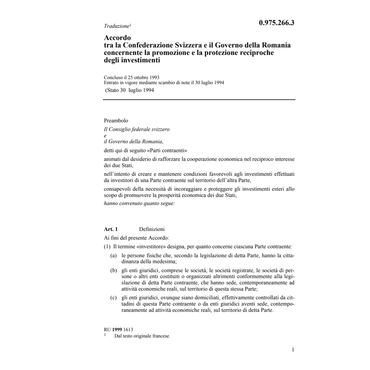 Accordo Romania protezione investimenti