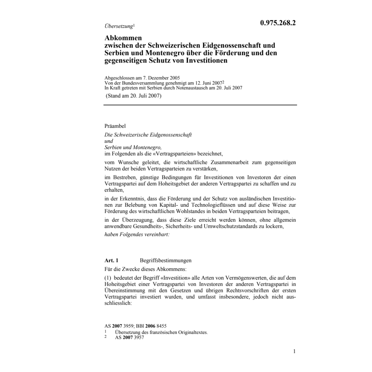 Abk. Serbien Montenegro Schutz Invest.