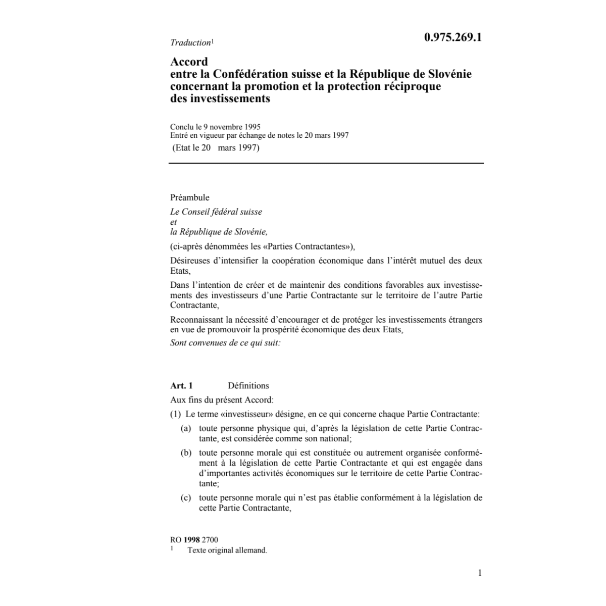 Ac. Slovénie récioproque investissements