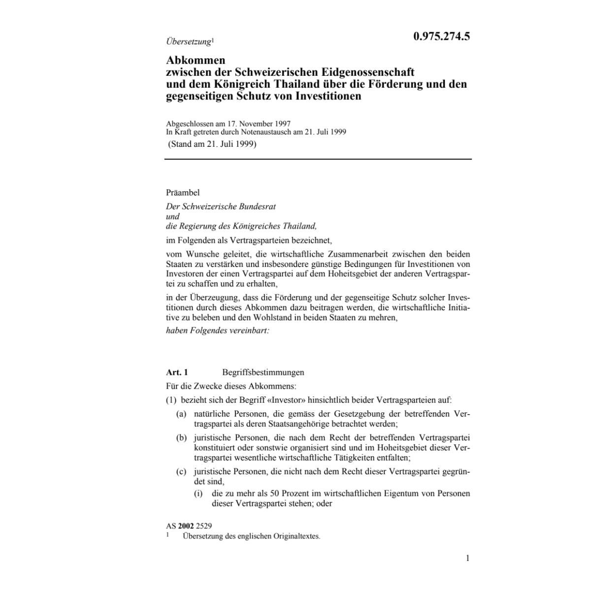Abk. CH-Thailand Schutz Investionen