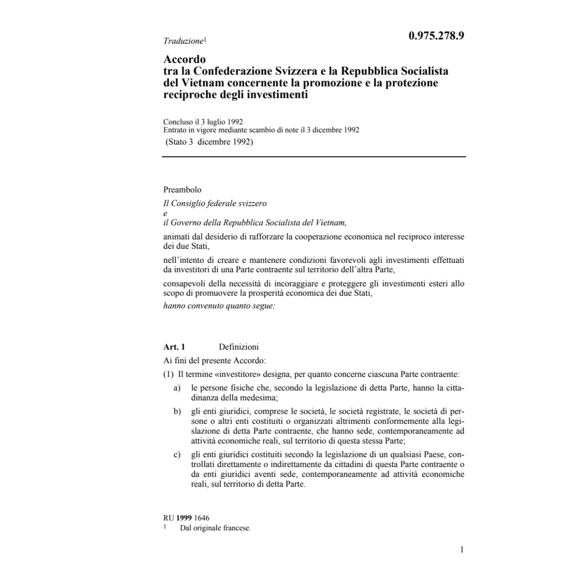 Ac Vietnam reciproche degli investimenti