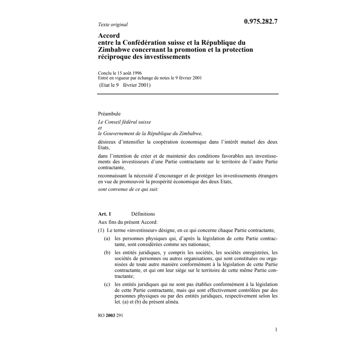Acc. CH-Zimbabwe protect. investisement