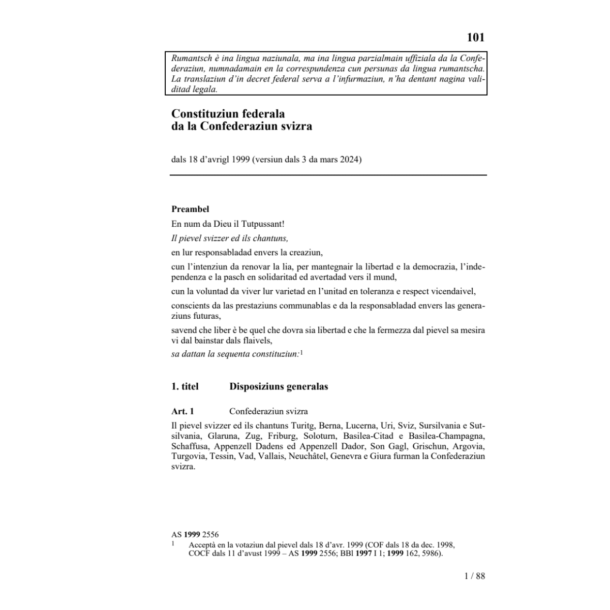 Constituziun federala svizra CF 3.3.2024